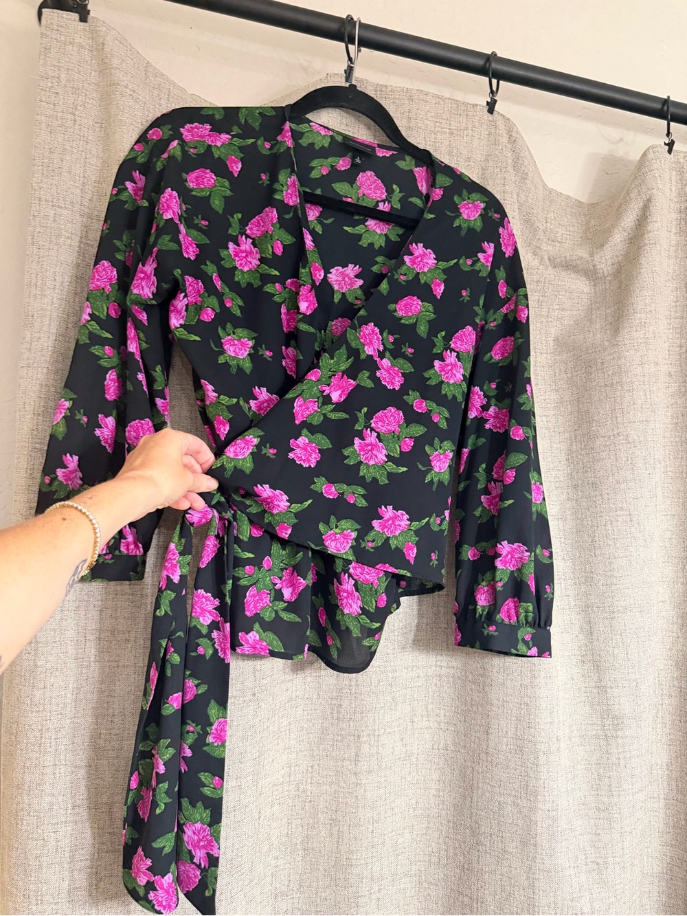 Who What Wear Black Wrap Blouse with Pink Floral Print